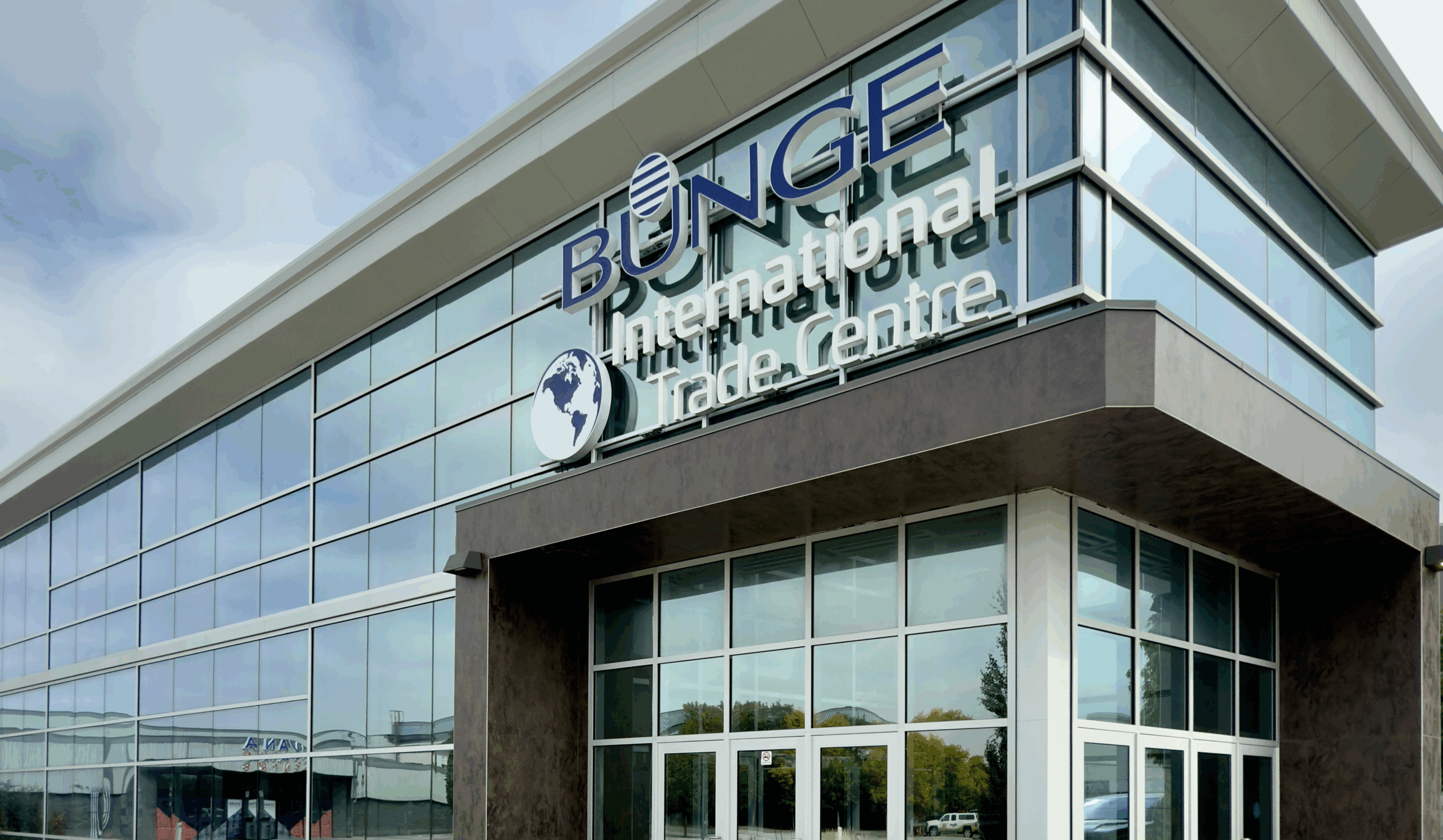 Modern glass building of an international trade center