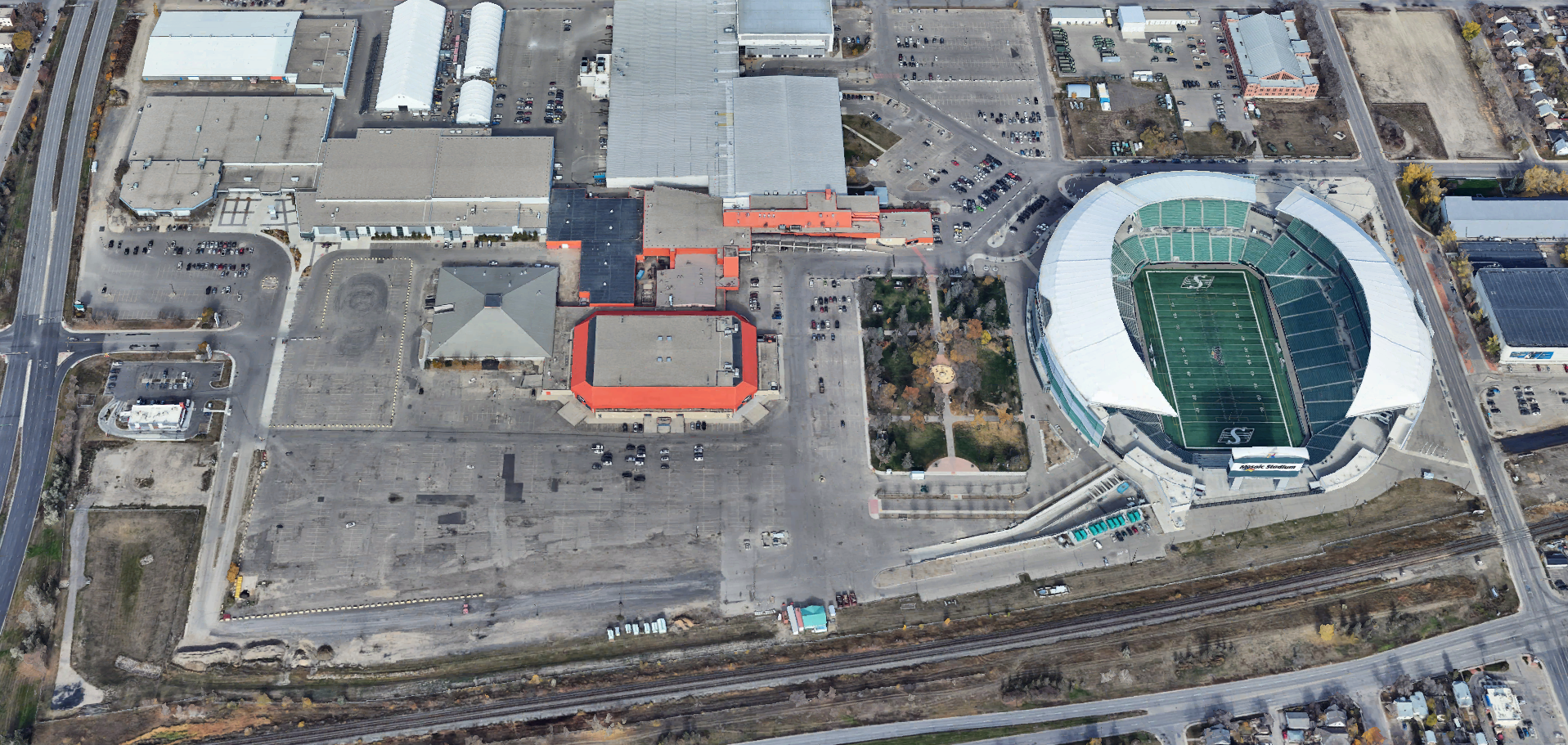 Aerial view of stadium and surrounding area.