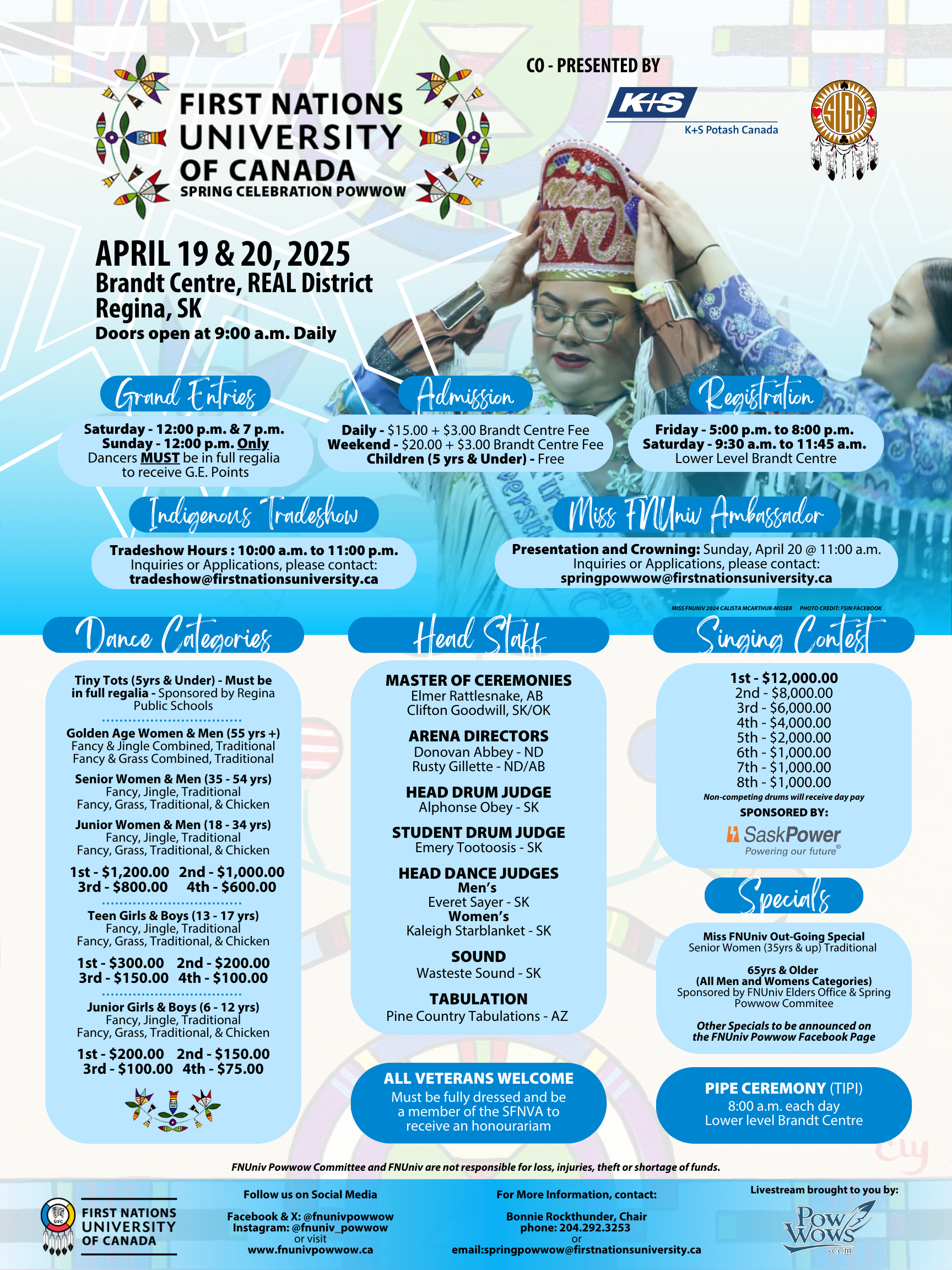 First Nations University Powwow event details, April 19-20, 2025.