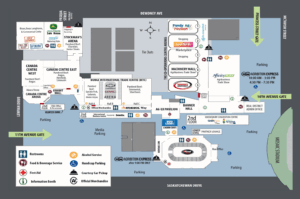 Event venue map with arenas, halls, and amenities.