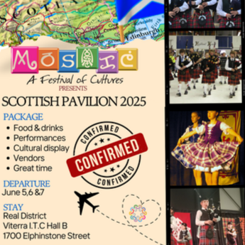 Scottish Pavilion event flyer with dancers and details.
