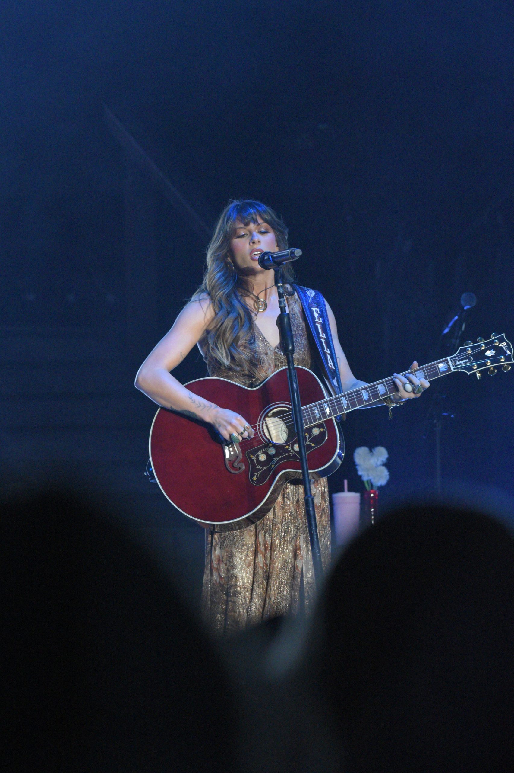 Singer performing with guitar on stage