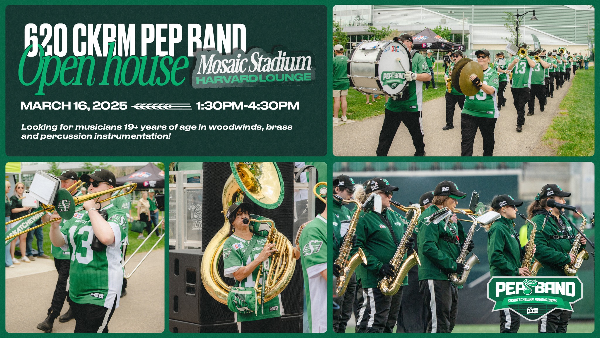 Pep band open house recruitment event at Mosaic Stadium.
