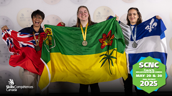 Three medalists holding flags at Skills Canada event.