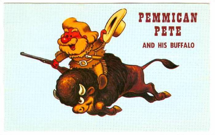 Cartoon cowboy riding a buffalo.