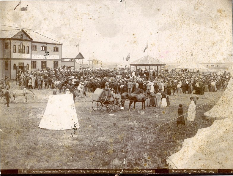 Historic fair gathering with horse-drawn carriage, 1883.