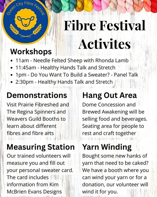 Queen City Fibre Festival activities and workshop schedule.
