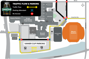 Map of Vanier Cup parking and traffic flow directions.