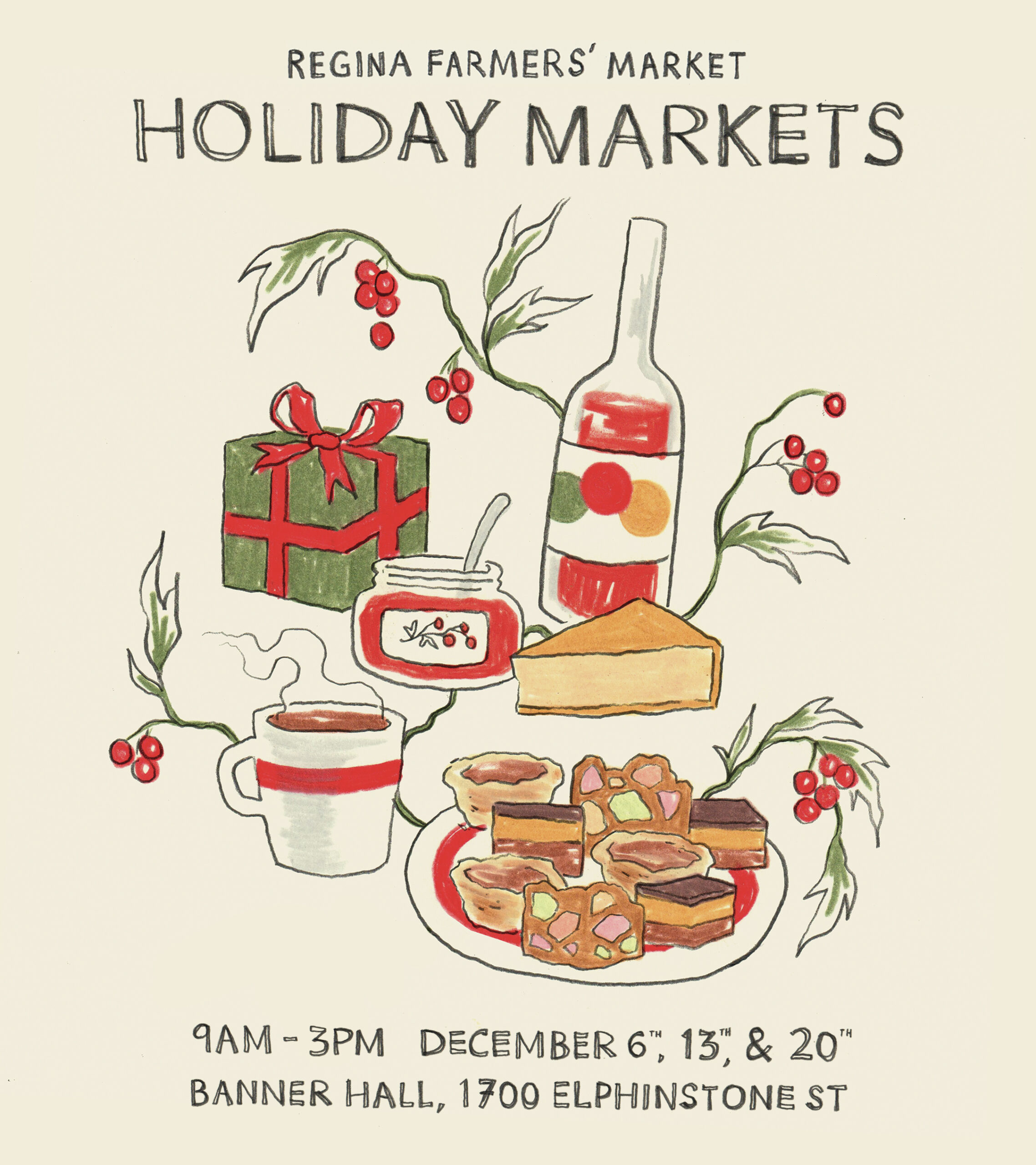 Holiday market poster with pies, gifts, and drinks.