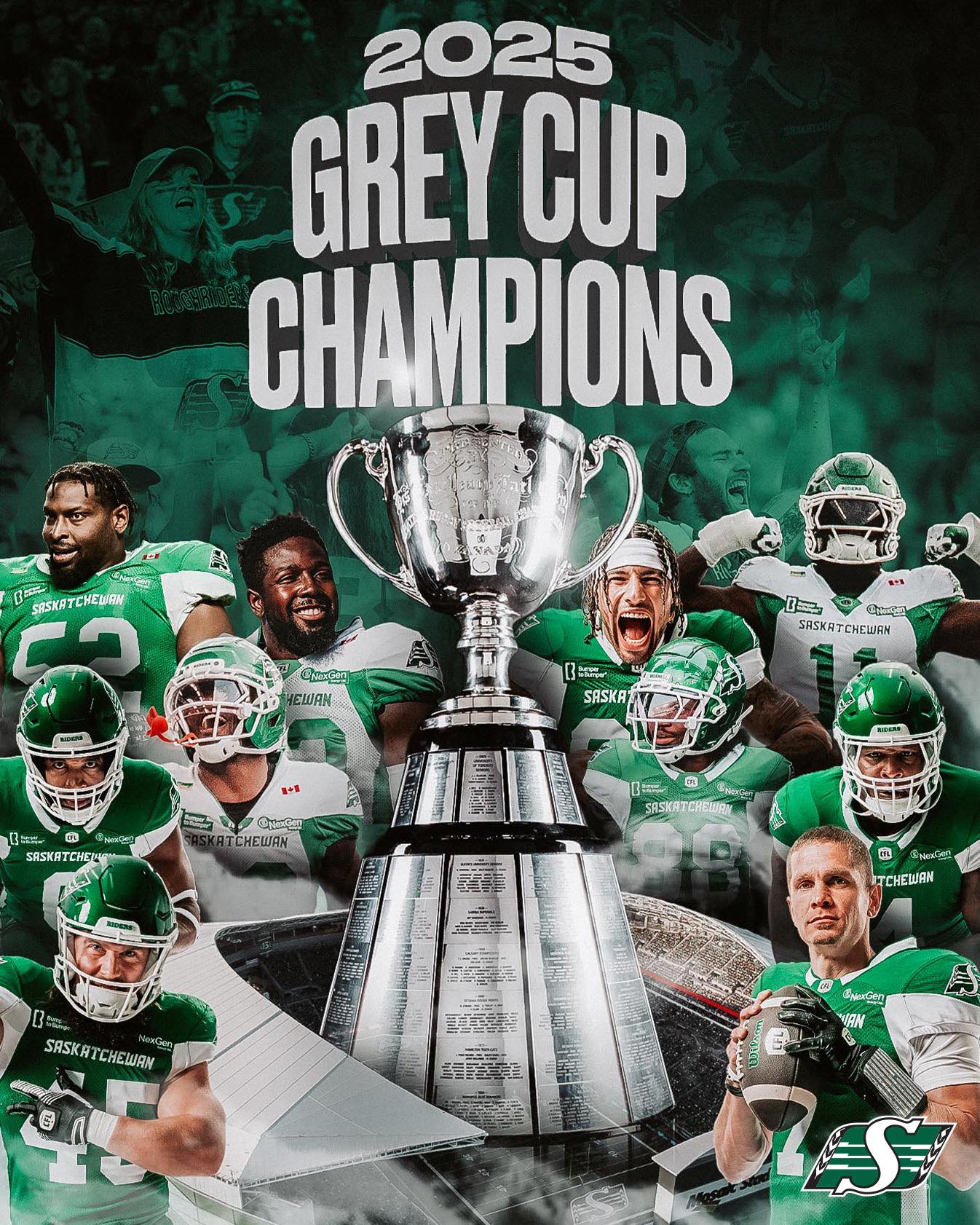 2025 Grey Cup Champions, Saskatchewan Roughriders celebrate victory.