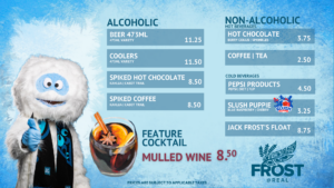 Drink menu featuring alcoholic and non-alcoholic options.