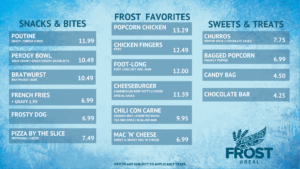 Frost menu with snacks, favorites, sweets, and prices.